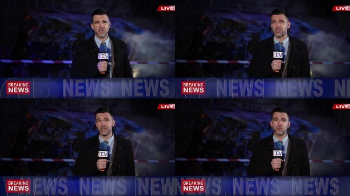 4K视频记者在电视新闻中直播撞车事故
