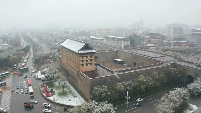 雪景中的西安古城墙，中国。