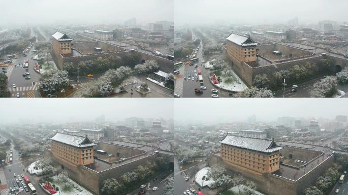 雪景中的西安古城墙，中国。