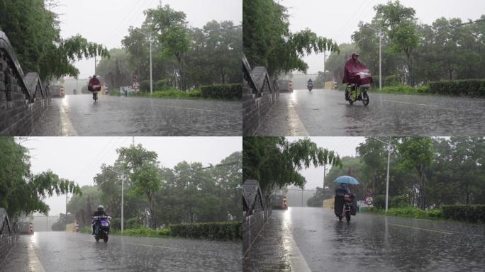 冒雨前行 电动车电瓶车 上班下班