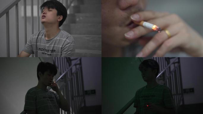 难过的男人楼梯间孤独抽烟吸烟