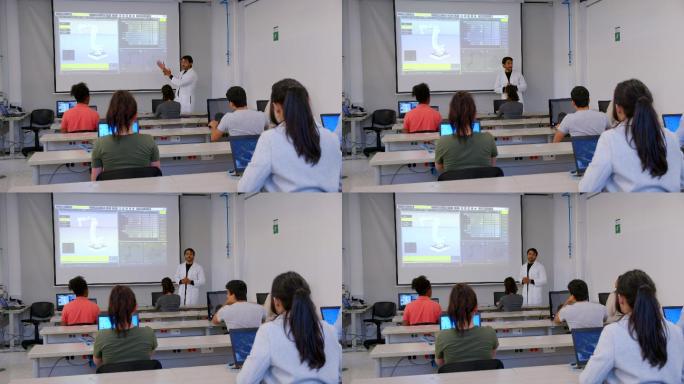 机器人学男老师向全班同学解释某事，而一名学生举手提问