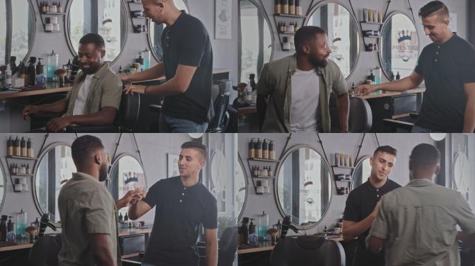 一个英俊的年轻人在理发后离开理发店前向理发师致谢的4k视频片段
