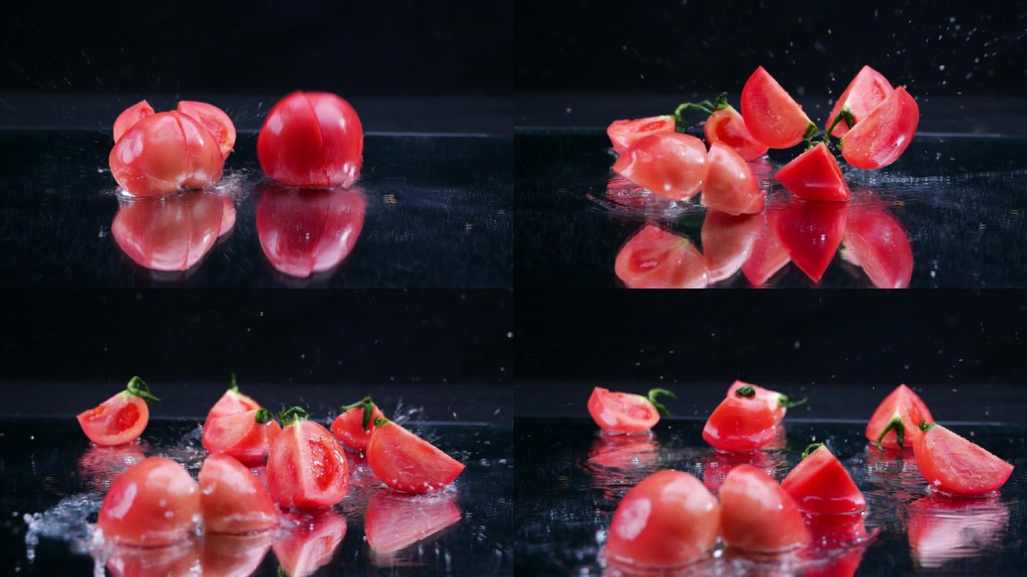 西红柿落入散开升格慢动作