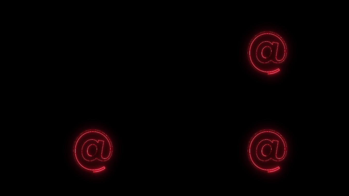 红色霓虹灯字体@“at”符号大写在一段时间后出现。黑色背景上的动画红色霓虹字母符号。股票视频