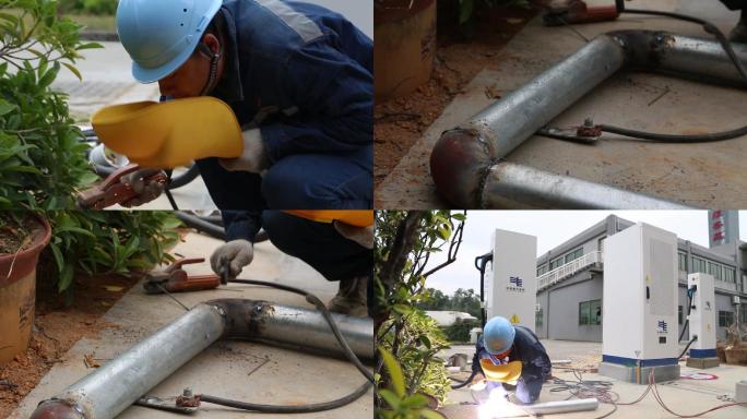南方电网工人焊铁管装电线充电桩服务区设施