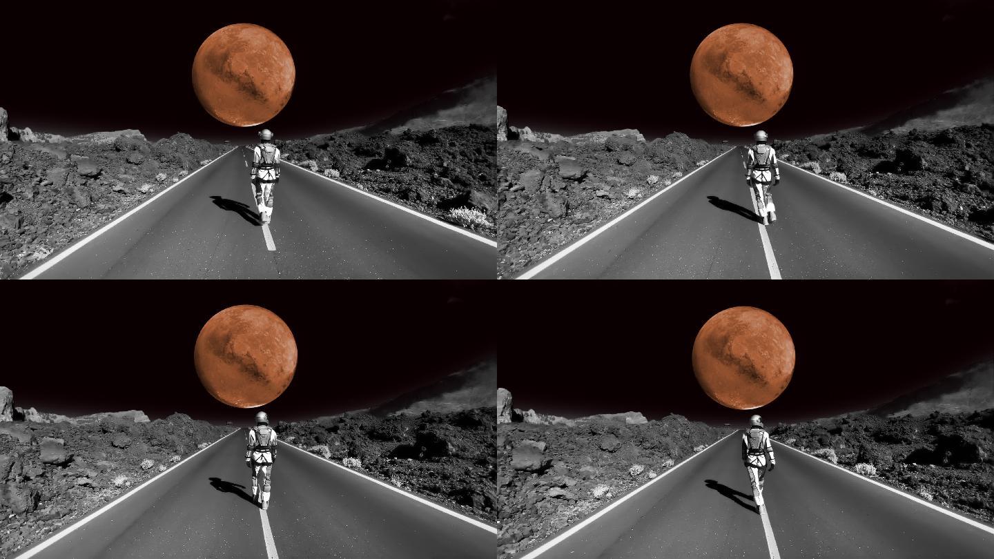 月球上的超现实行走。女宇航员沿着沙漠公路奔向遥远的火星