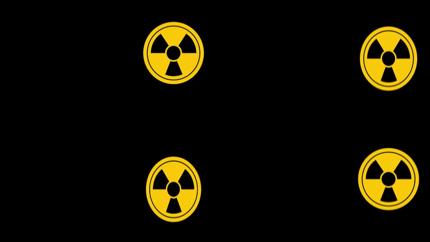 绿色屏幕上的电气、火灾和辐射警告标志，覆盖Alpha和白色背景，可与复印空间循环