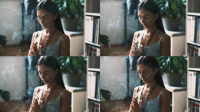 一位女瑜伽士在家里用香冥想和放松的特写镜头