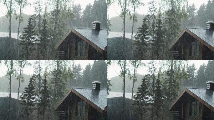 大雨倾泻在屋顶上大暴雨下大雨下雨