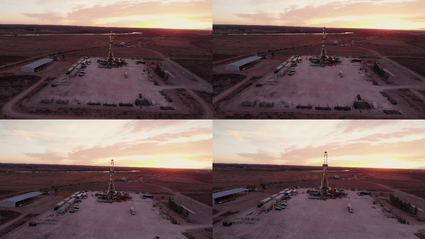 黎明或黄昏时分，美国南部卡尔斯巴德附近油田的得克萨斯州西部或新墨西哥州东南部地区，即将降落的夹式压裂