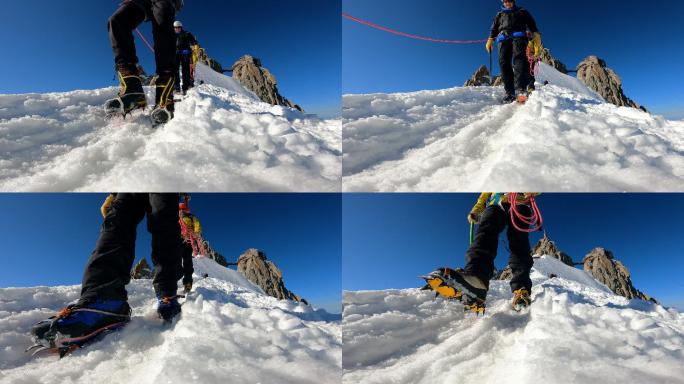 攀登欧洲阿尔卑斯雪峰的高级登山队。腿部特写