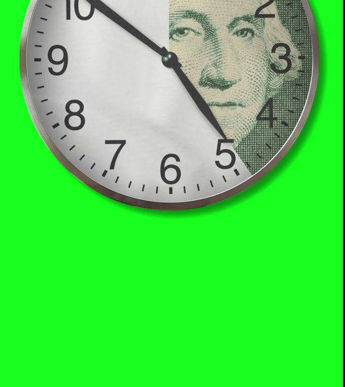 金钱时钟：绿色屏幕上12小时的金钱