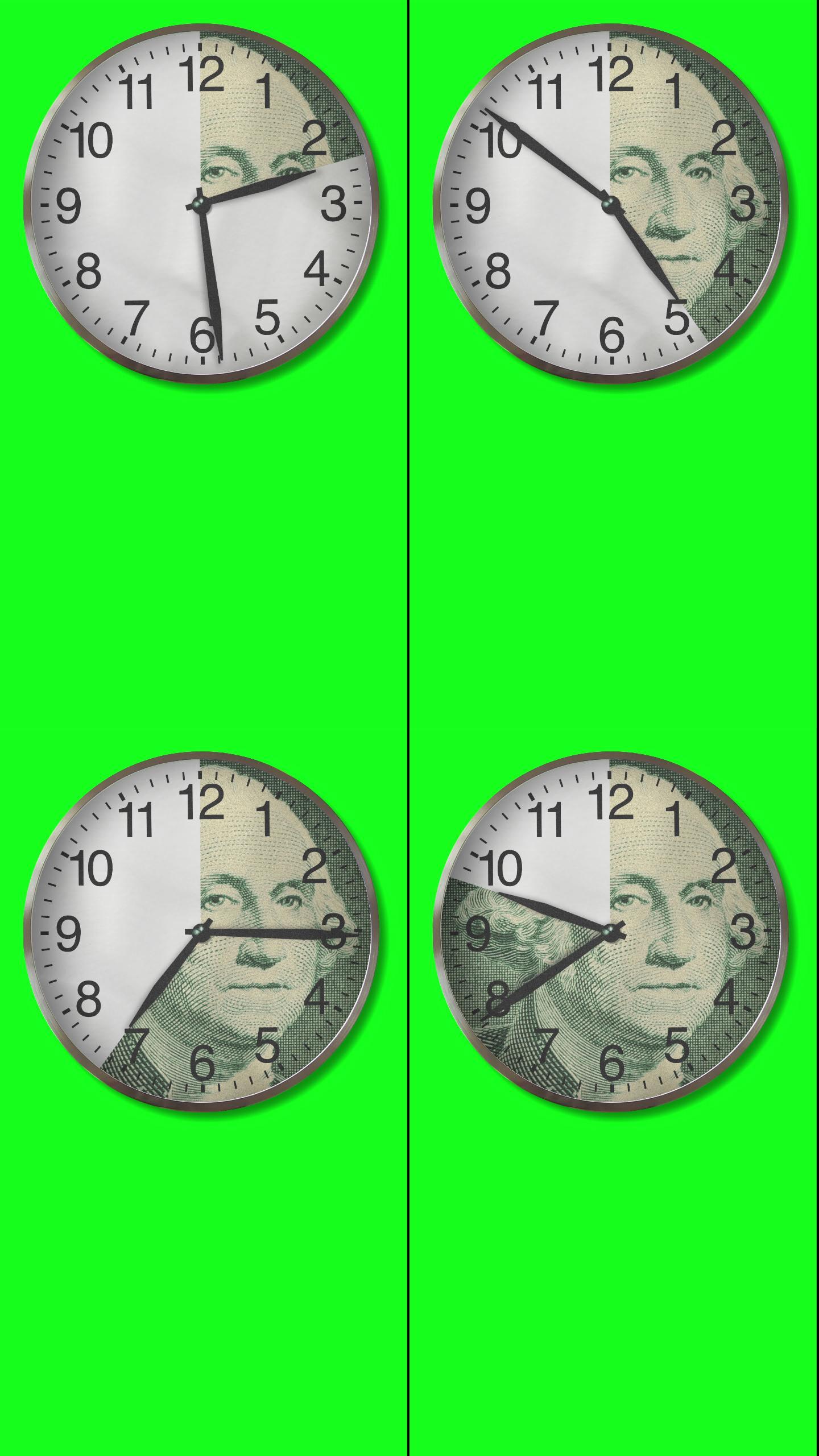 金钱时钟：绿色屏幕上12小时的金钱