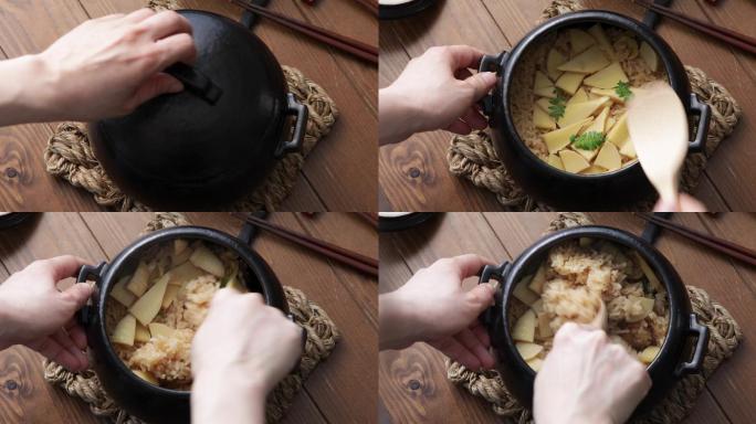 搅拌竹笋饭。大厨厨艺制作