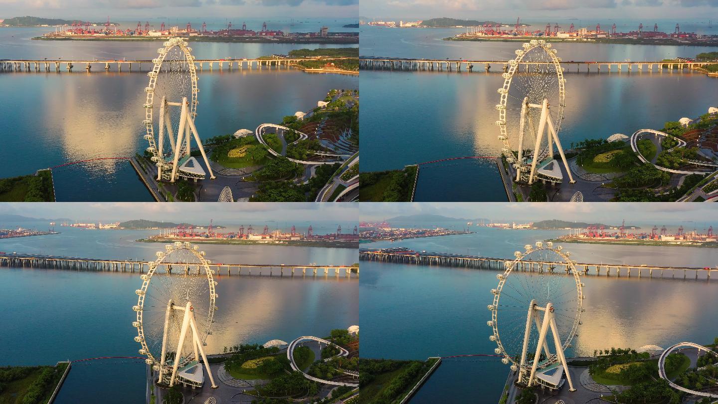 航拍深圳前海：美妙晨光照耀湾区之光摩天轮