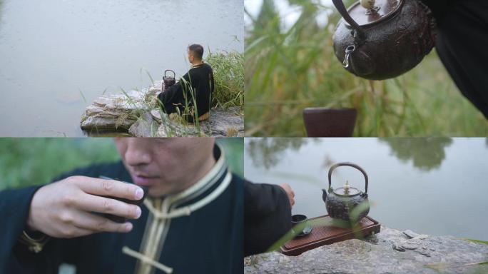 男士水边喝茶