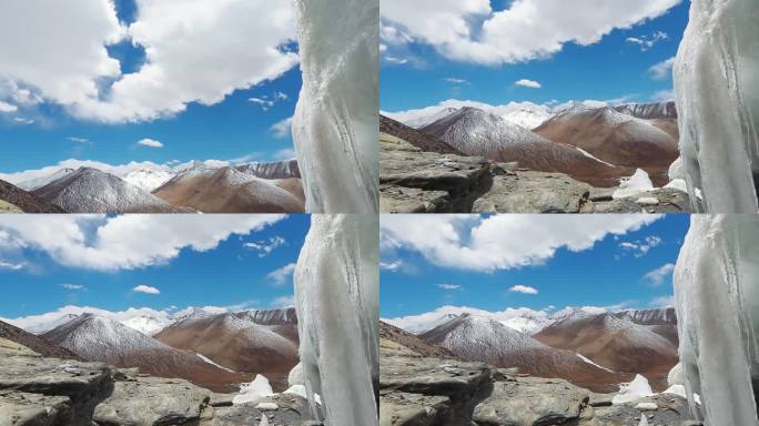 西藏四月冰川源头峰顶的积雪开始融化