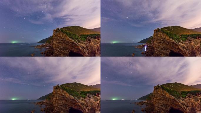 深圳鹿嘴山庄海边渔船夏季银河星轨流星雨