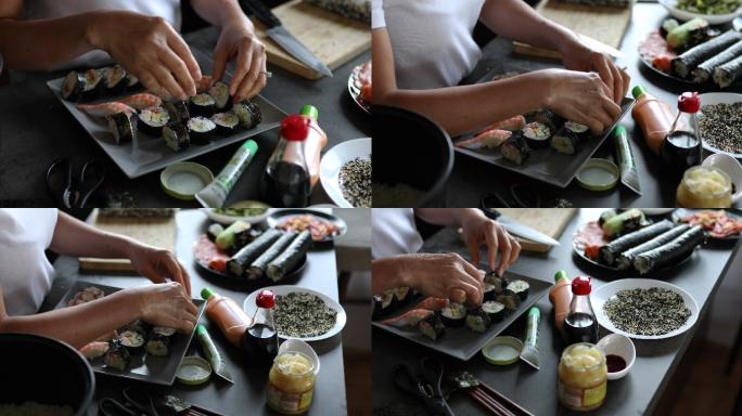 制作和布置美味的寿司盘，寿司卷种类很少
