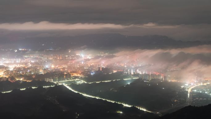 恩施城区夜景平流雾