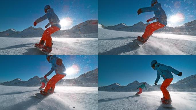 阳光明媚的日子里，斯洛·莫茨（SLO-Mots）在山上和朋友一起滑下滑雪道