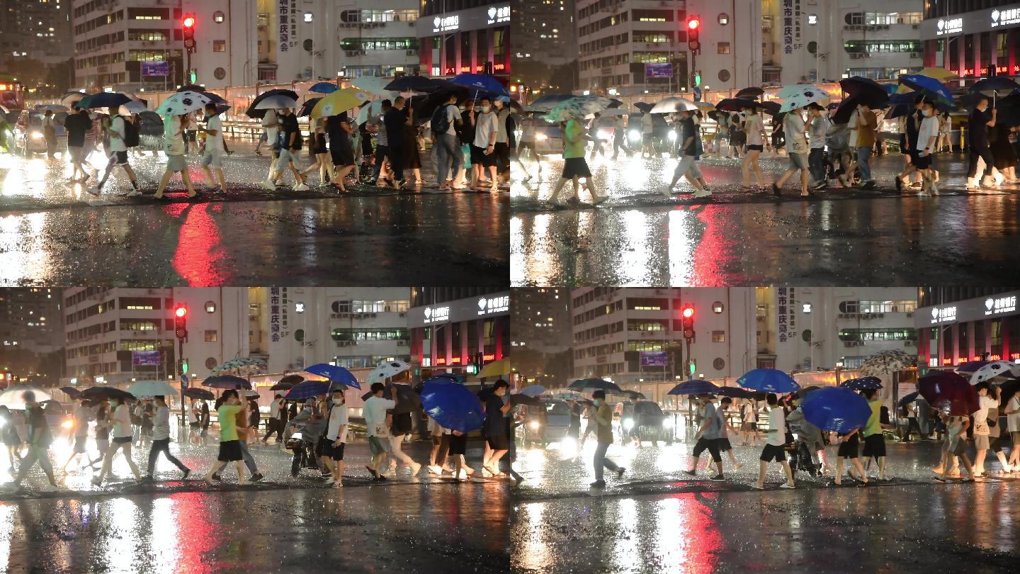 4K城市雨天下班的行人