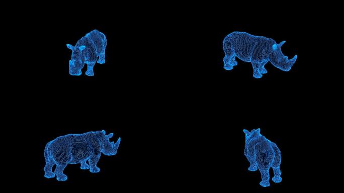 蓝色线框全息科技犀牛视频素材带通道