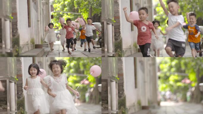 乡村小孩拿着汽球奔跑放飞希望梦想美好未来
