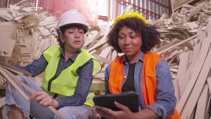 拉丁和非洲女性的可持续生活方式纸箱厂里，穿着安全背心和头盔的回收工人坐在一堆废纸板上，用数字平板电脑