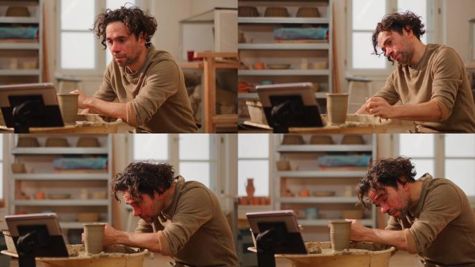 DS Man在陶艺工作室制作陶器并观看视频教程