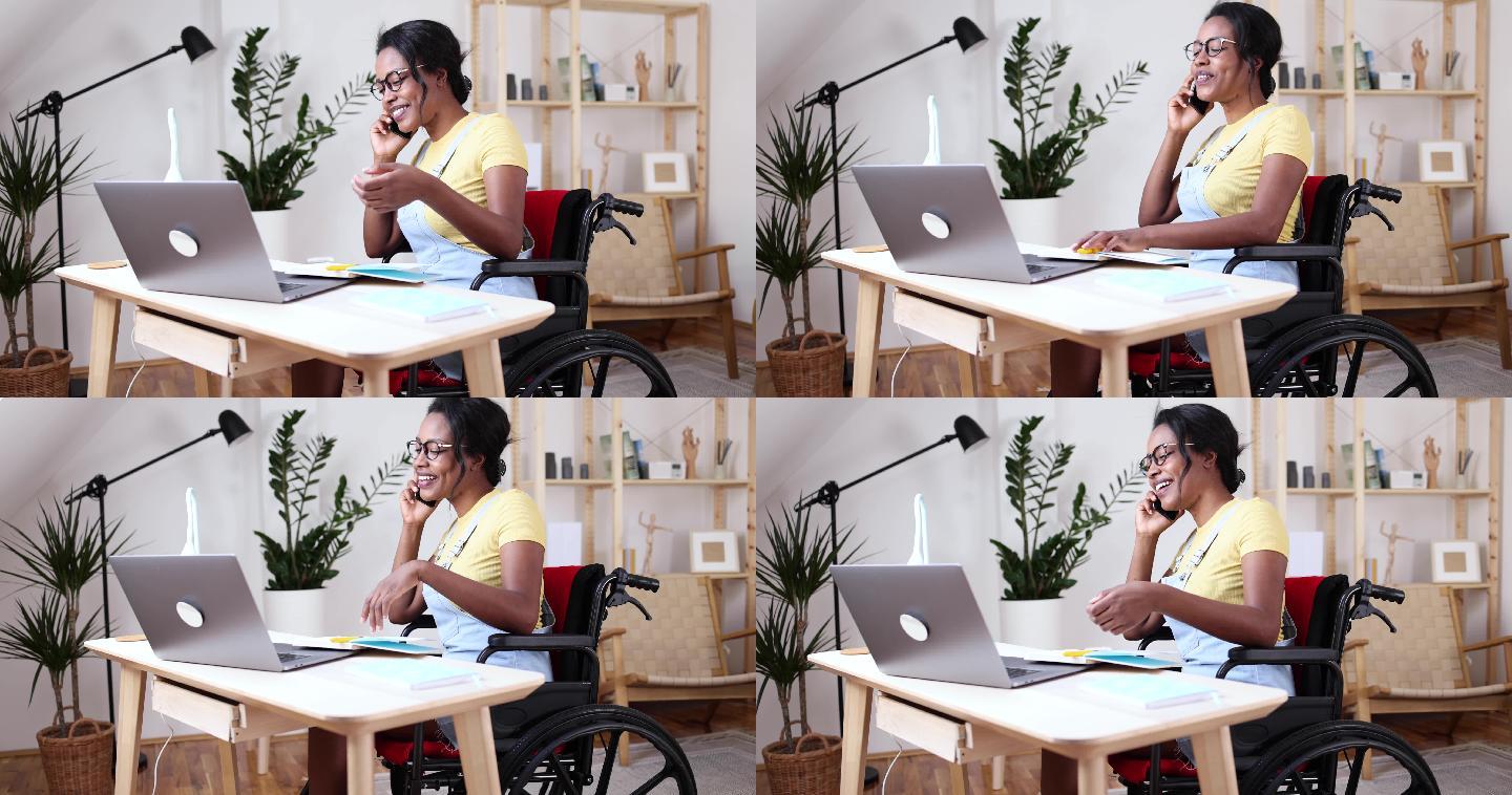 坐轮椅在家里工作的非裔美国妇女