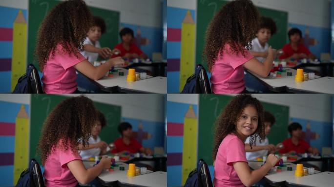 一个女孩在教室里分离回收材料的肖像