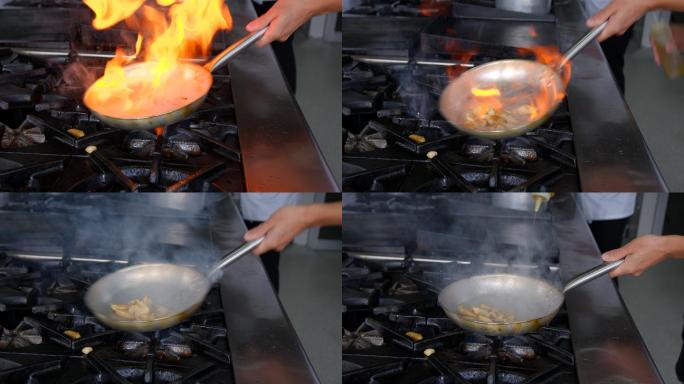餐厅一位面目全非的厨师在平底锅里煎鸡肉的特写镜头
