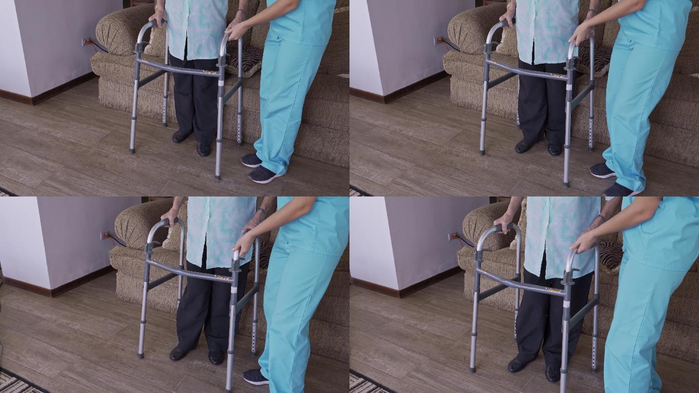 护士协助老年妇女在家使用助行器的结束
