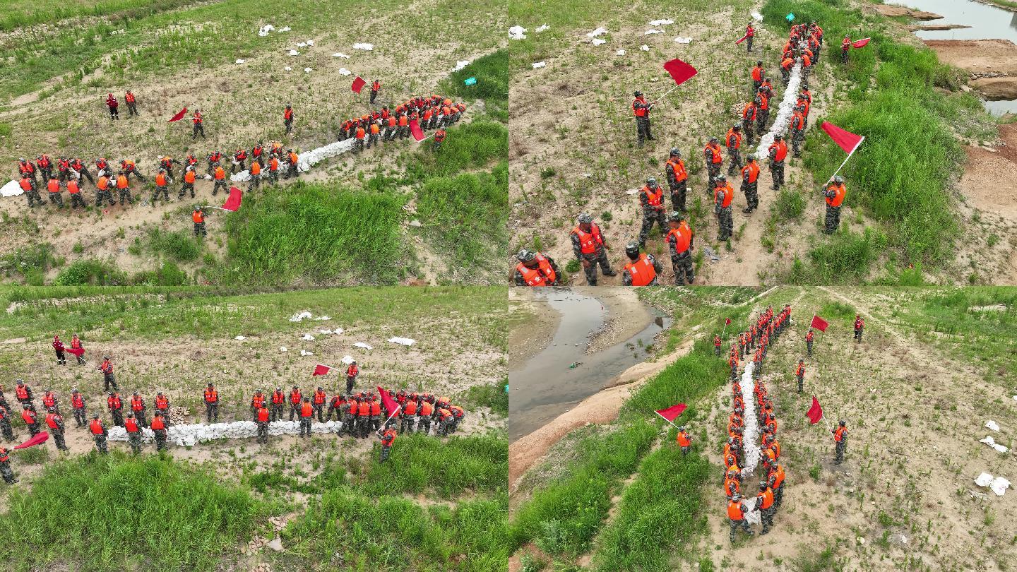 防洪应急演练抗沙袋驻防洪堤人民子弟兵抢险