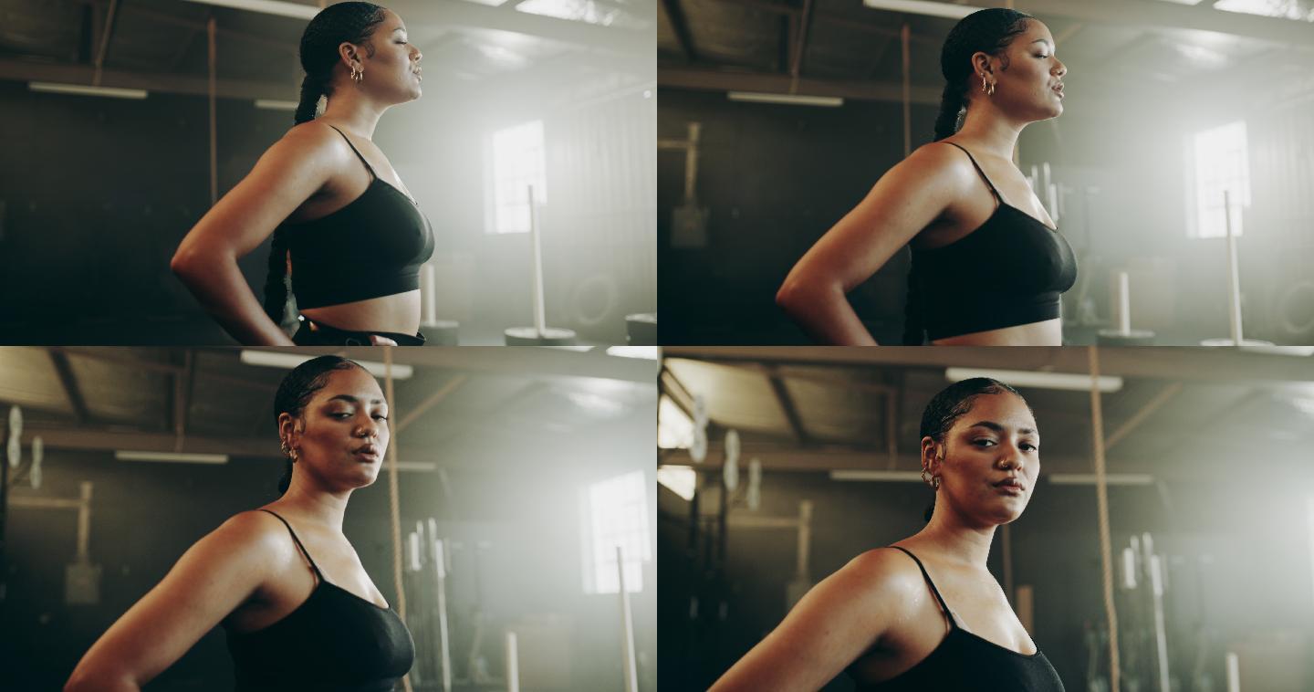 4k肖像视频，一位年轻美丽的女子在健身房锻炼后休息