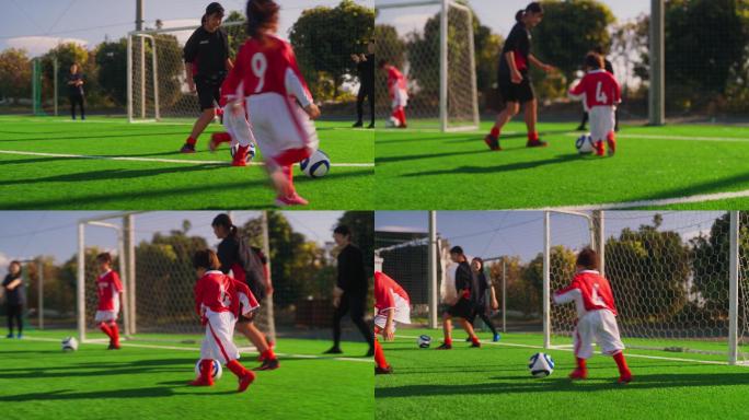 小学儿童足球或足球队员练习投篮，提高防守和进攻技能