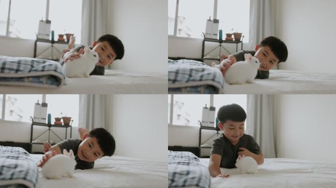 可爱的亚洲男孩和他的宠物玩耍的快乐时刻。