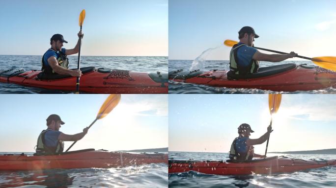 斯洛莫男子皮划艇运动员在阳光下横渡平静的大海