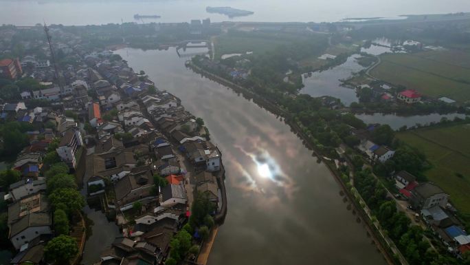 江南水乡-靖港古镇的早晨航拍