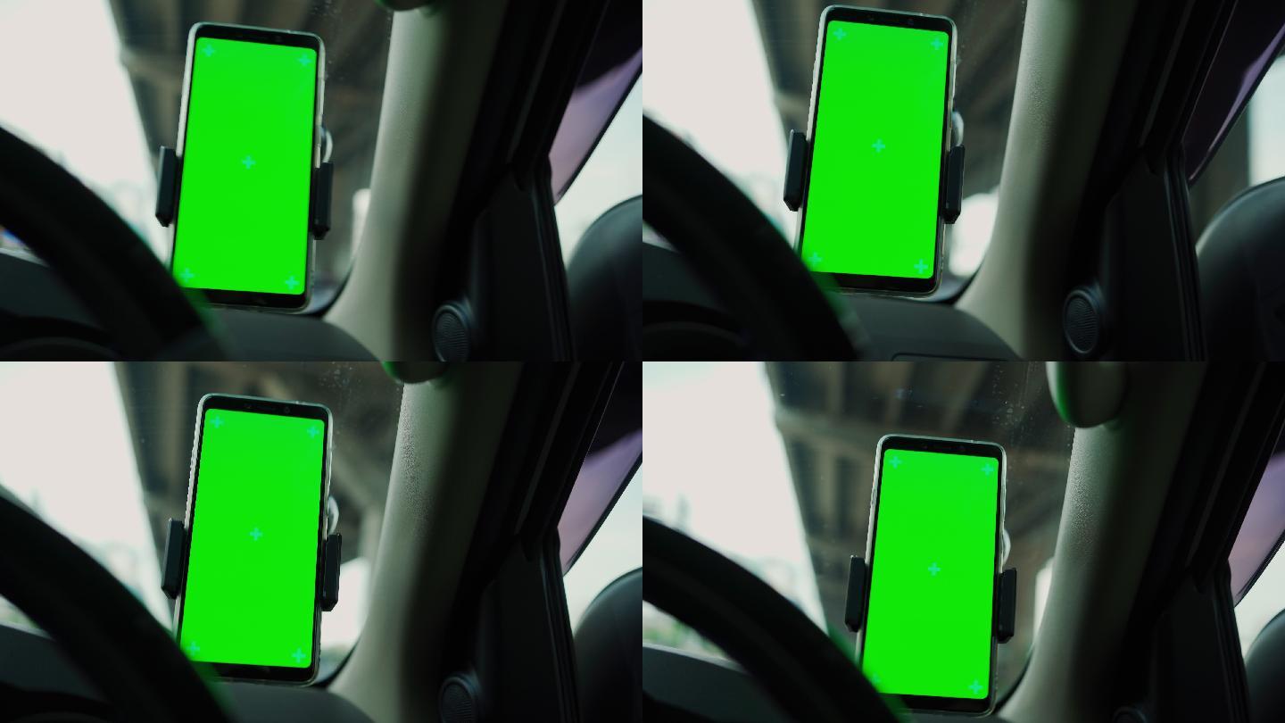 汽车仪表板绿色屏幕上的电话。