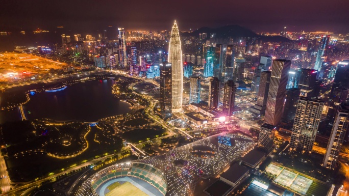 深圳南山区华润总部春笋体育馆夜景航拍延时