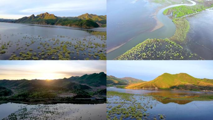 山清水秀 湖区日出航拍素材