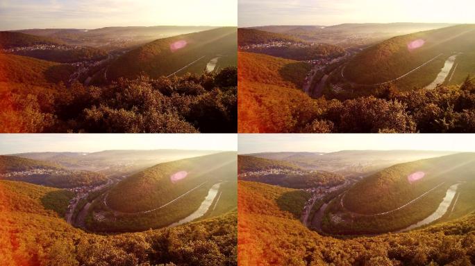 美国宾夕法尼亚州波科诺斯地区碳县吉姆·索普（Mauch Chunk）和利海河的无人驾驶飞机视图