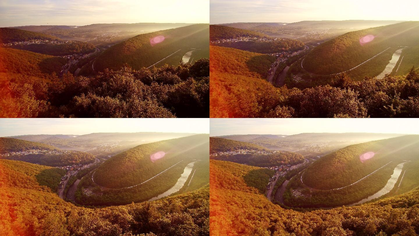 美国宾夕法尼亚州波科诺斯地区碳县吉姆·索普（Mauch Chunk）和利海河的无人驾驶飞机视图
