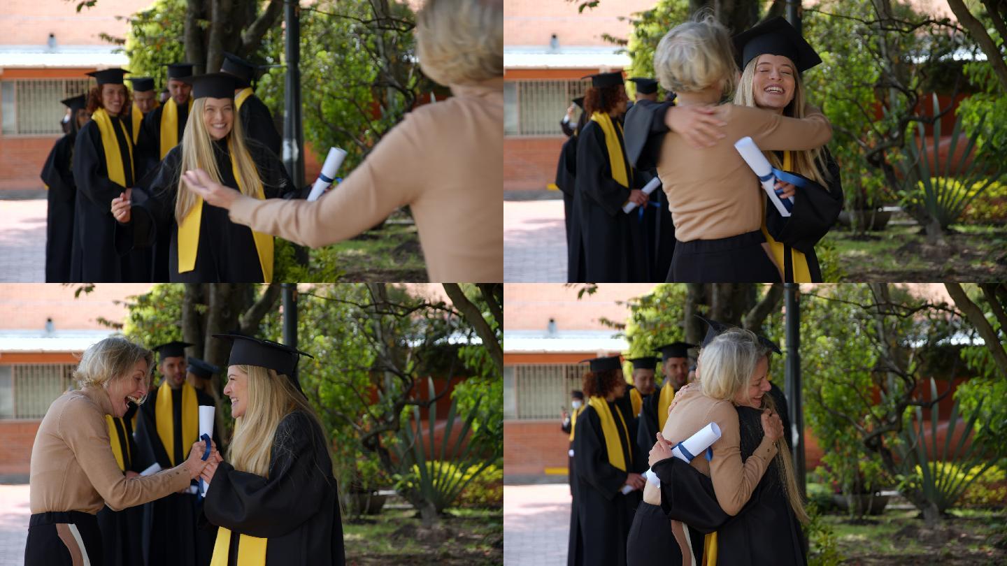 毕业典礼后，一位快乐美丽的女士与她的毕业生们交谈，然后跑向她的妈妈，非常兴奋和高兴地拥抱着她
