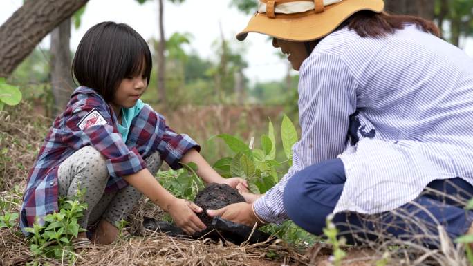亚洲母女植树造林绿化陪伴种树