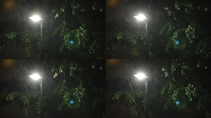 黑夜下雨 下雨 楼房  雷声 闪电 路灯