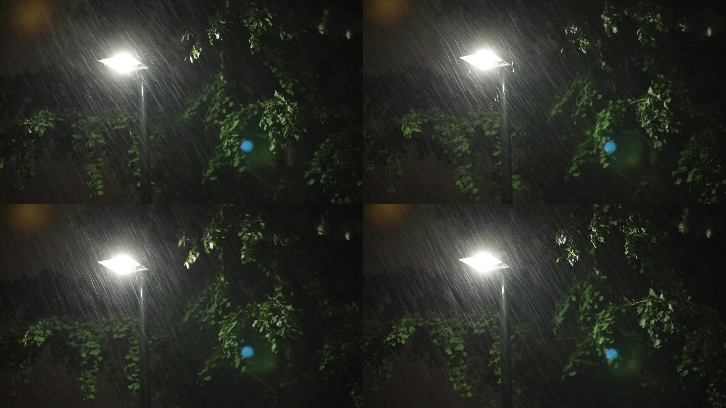 黑夜下雨 下雨 楼房  雷声 闪电 路灯